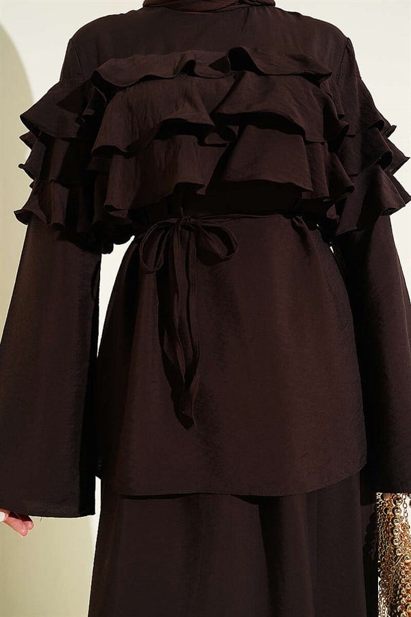2 Piece Set with Ruffled Collar and Skirt, Dark Brown