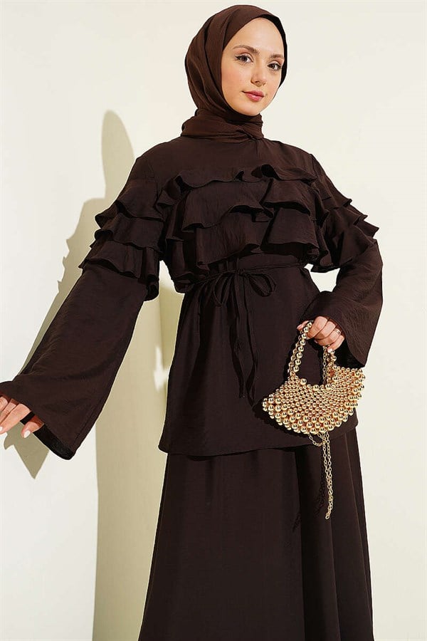 2 Piece Set with Ruffled Collar and Skirt, Dark Brown