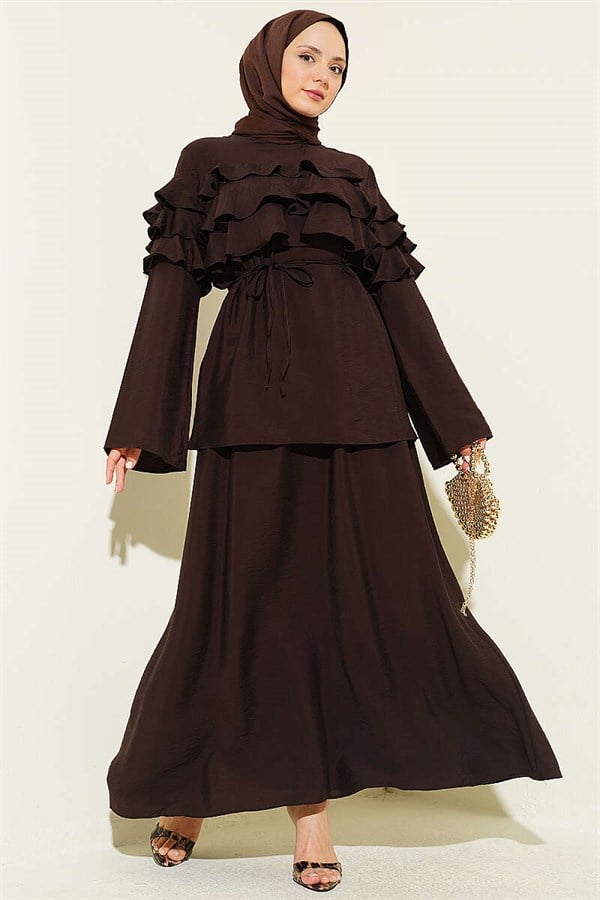 2 Piece Set with Ruffled Collar and Skirt, Dark Brown