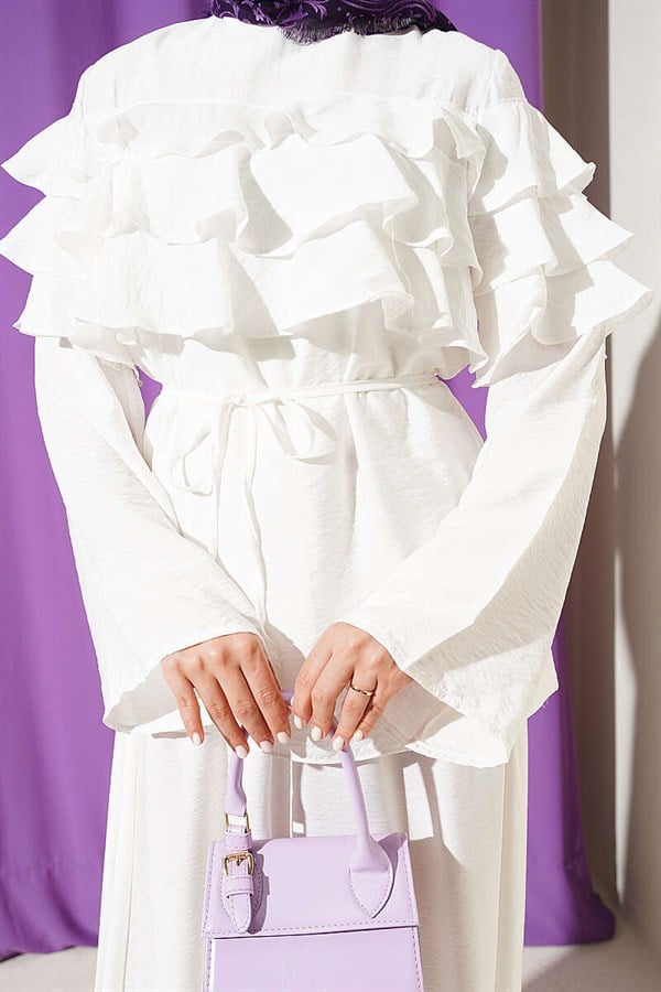 2 Piece Set with Ruffled Collar and Skirt, Ecru