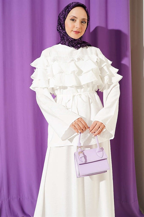 2 Piece Set with Ruffled Collar and Skirt, Ecru