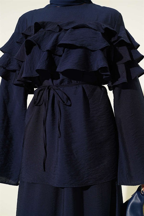 Navy Blue 2 Piece Set with Ruffled Collar and Skirt