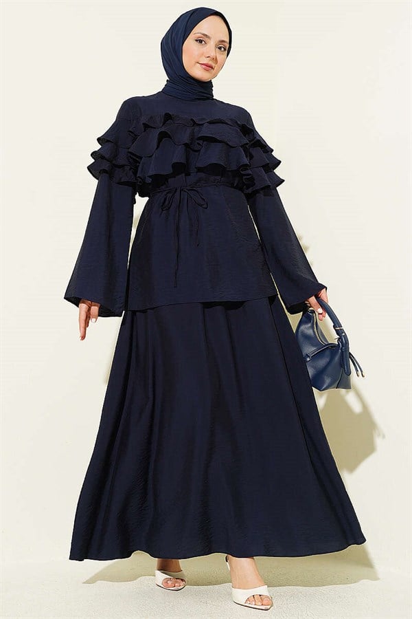 Navy Blue 2 Piece Set with Ruffled Collar and Skirt