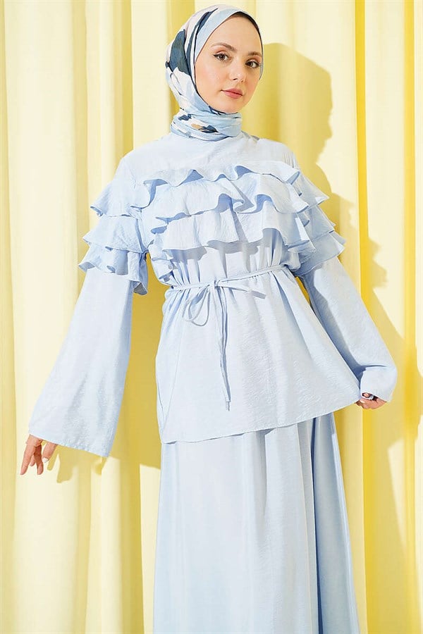 2 Piece Set with Ruffled Collar and Skirt, Blue