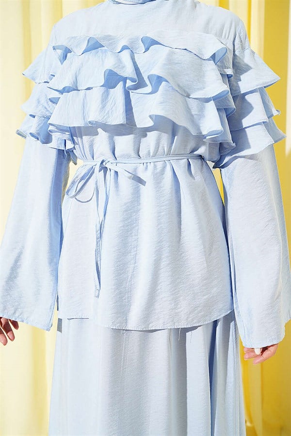 2 Piece Set with Ruffled Collar and Skirt, Blue