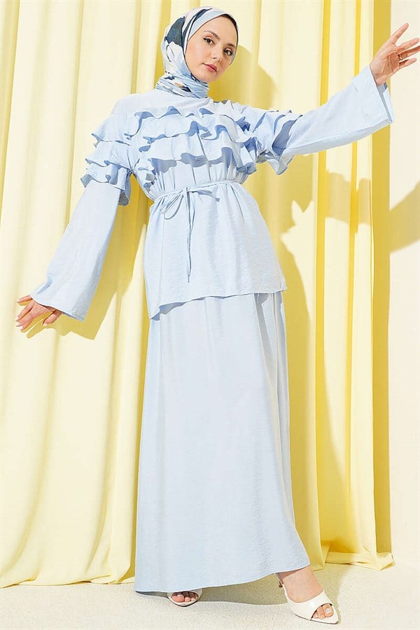 2 Piece Set with Ruffled Collar and Skirt, Blue