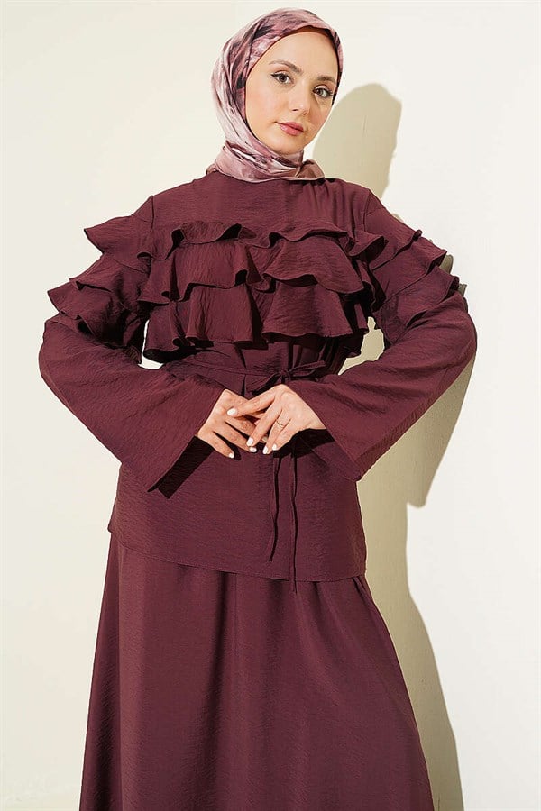 2 Piece Set with Ruffled Collar and Skirt, Plum