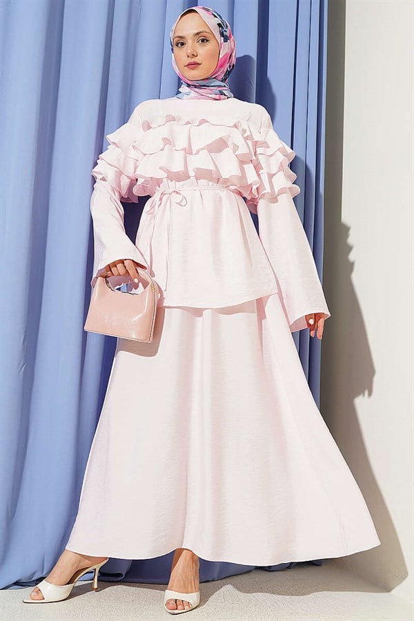Pink 2 Piece Set with Ruffled Collar and Skirt