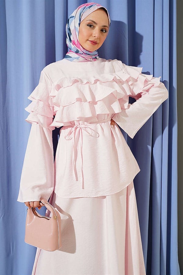 Pink 2 Piece Set with Ruffled Collar and Skirt