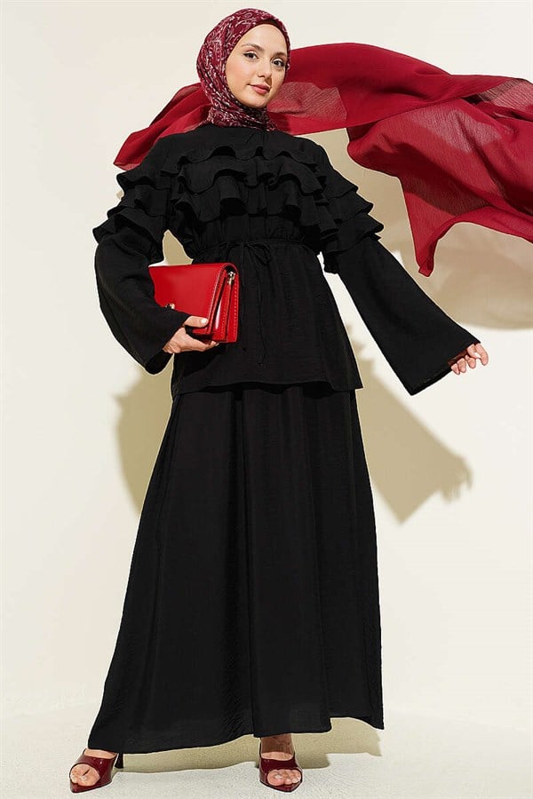 2 Piece Set with Ruffled Collar and Skirt, Black