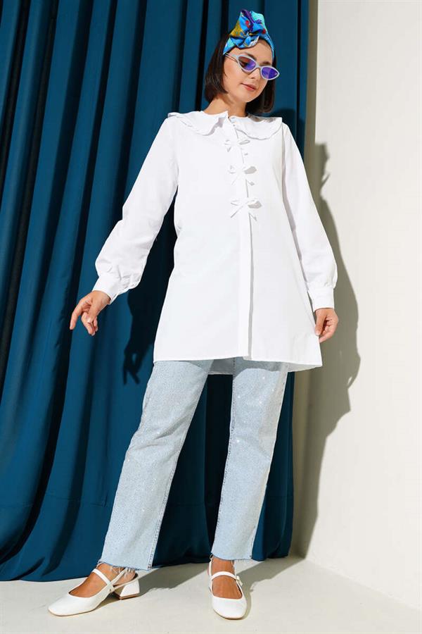 Ruffle Collar Bow Tunic White