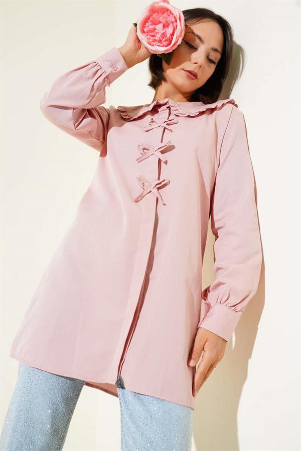 Ruffle Collar Bow Tunic Powder