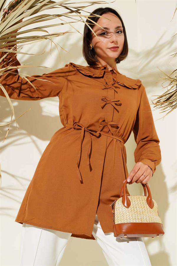 Ruffled Collar Bow Tunic Tan