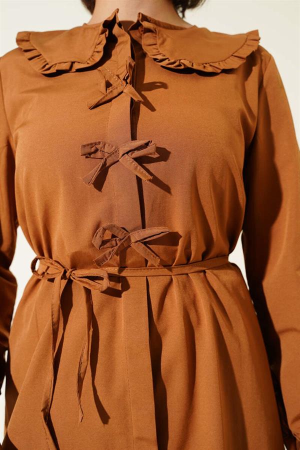 Ruffled Collar Bow Tunic Tan