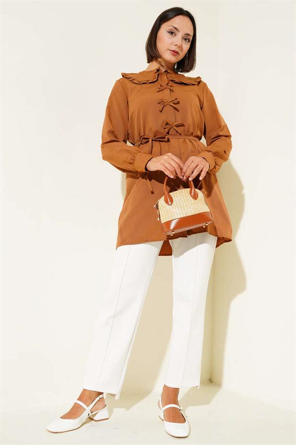 Ruffled Collar Bow Tunic Tan
