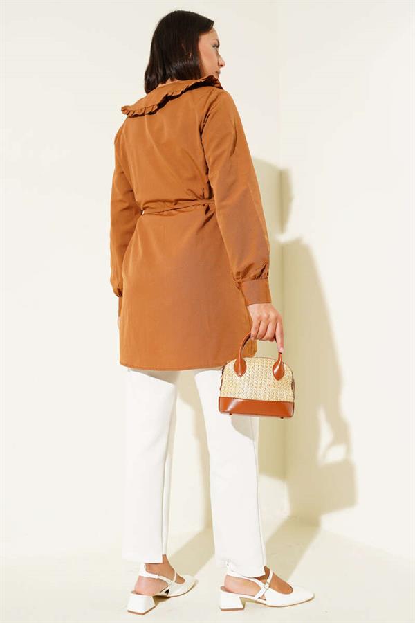 Ruffled Collar Bow Tunic Tan