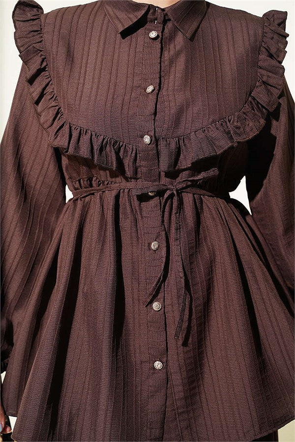 2 Piece Set with Ruffled Collar and Tie Closure, Coffee
