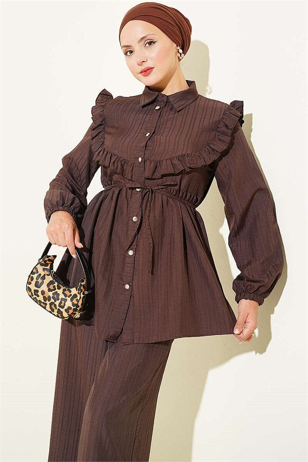 2 Piece Set with Ruffled Collar and Tie Closure, Coffee