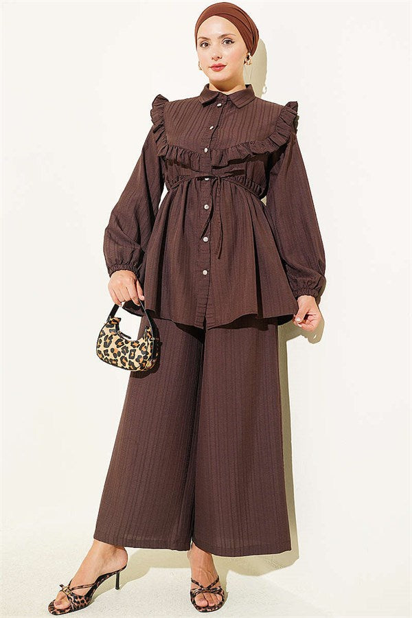 2 Piece Set with Ruffled Collar and Tie Closure, Coffee