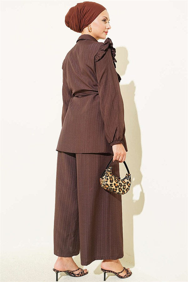 2 Piece Set with Ruffled Collar and Tie Closure, Coffee