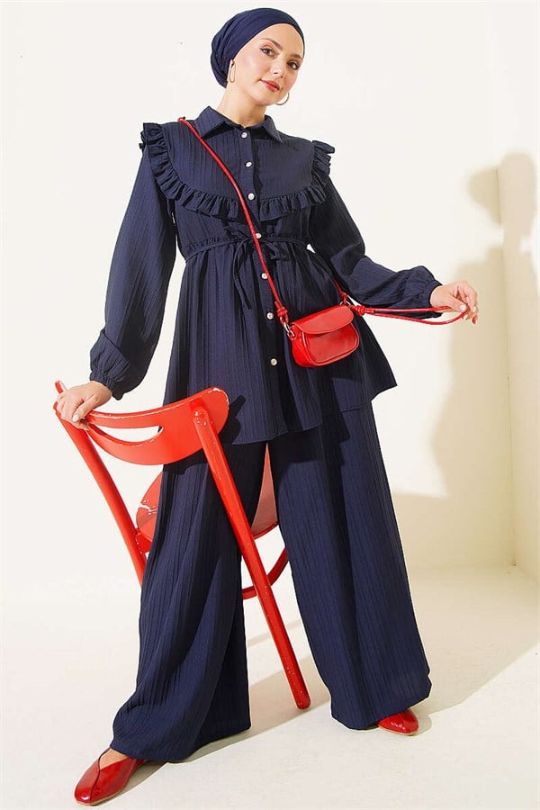 Navy Blue Two-Piece Set with Ruffled Collar and Tie Closure