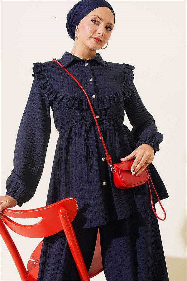 Navy Blue Two-Piece Set with Ruffled Collar and Tie Closure
