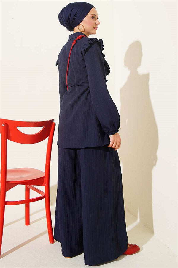 Navy Blue Two-Piece Set with Ruffled Collar and Tie Closure