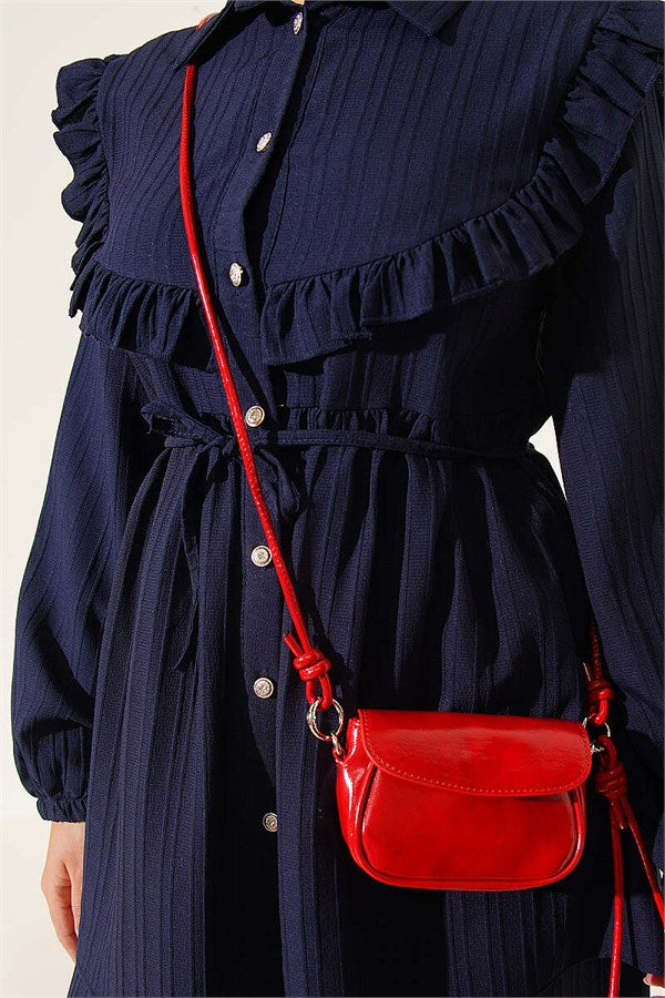 Navy Blue Two-Piece Set with Ruffled Collar and Tie Closure