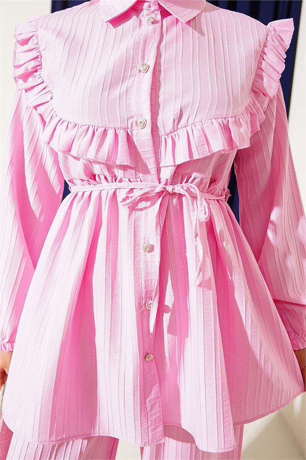 Pink Two-Piece Set with Ruffled Collar and Tie Closure
