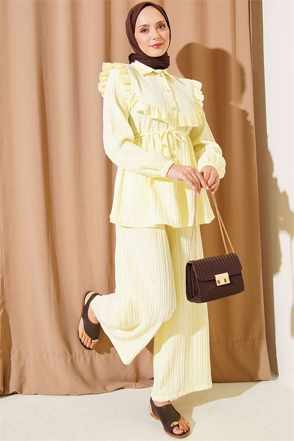 Two-Piece Set with Ruffled Collar and Tie Closure, Yellow