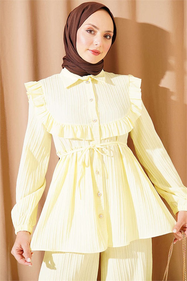 Two-Piece Set with Ruffled Collar and Tie Closure, Yellow