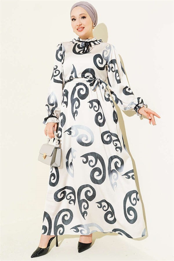 Anthracite Dress with Ruffled Collar and Ribbon Detail