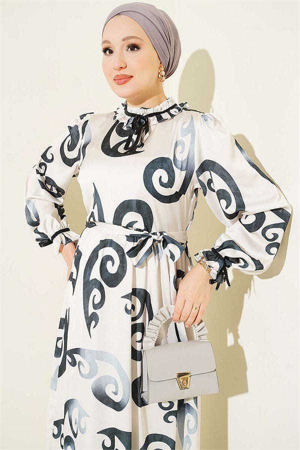 Anthracite Dress with Ruffled Collar and Ribbon Detail