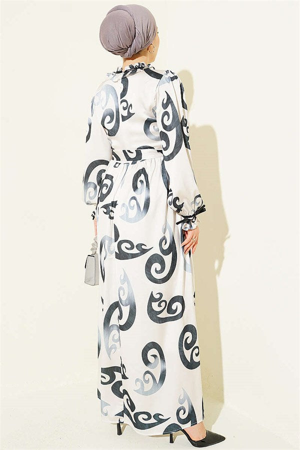 Anthracite Dress with Ruffled Collar and Ribbon Detail