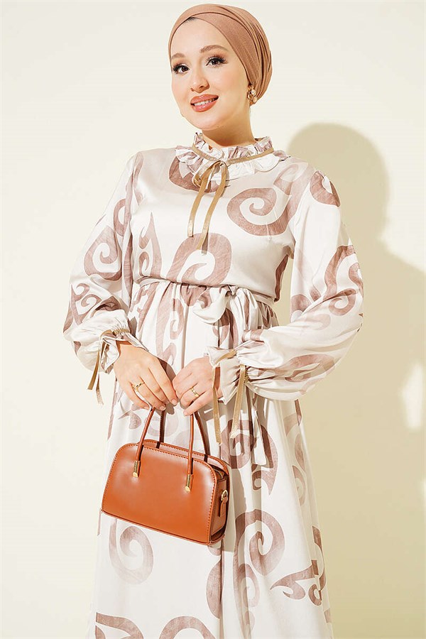 Beige Dress with Ruffled Collar and Ribbon Detail