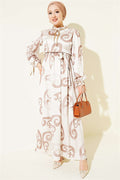 Beige Dress with Ruffled Collar and Ribbon Detail