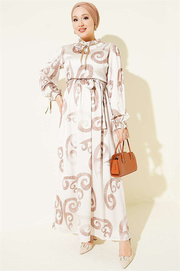 Beige Dress with Ruffled Collar and Ribbon Detail