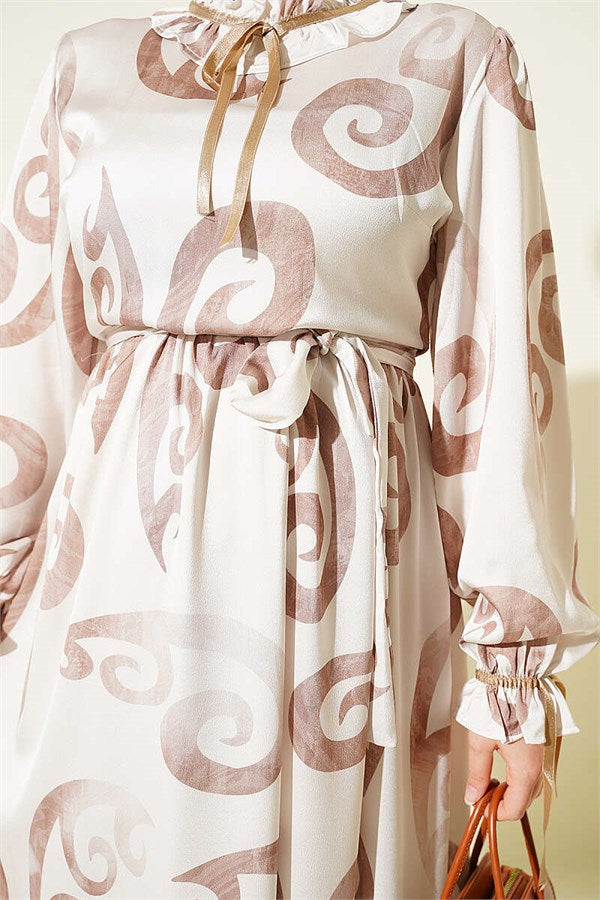 Beige Dress with Ruffled Collar and Ribbon Detail