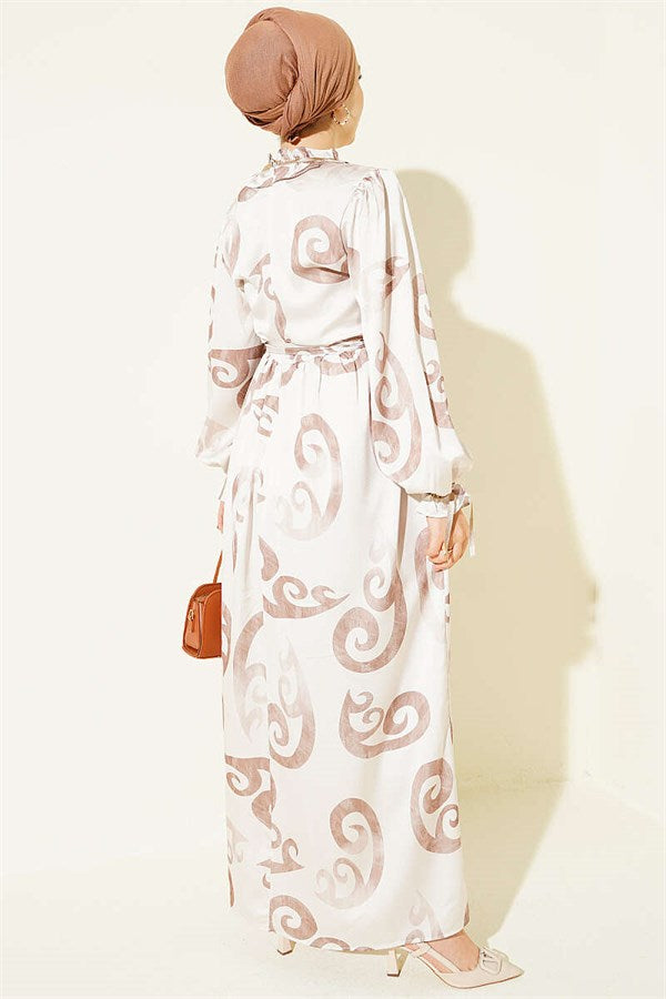 Beige Dress with Ruffled Collar and Ribbon Detail