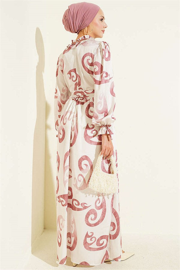 Rose Pink Dress with Ruffled Collar and Ribbon Detail