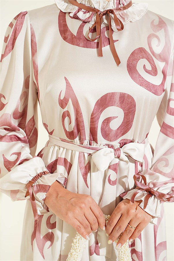Rose Pink Dress with Ruffled Collar and Ribbon Detail