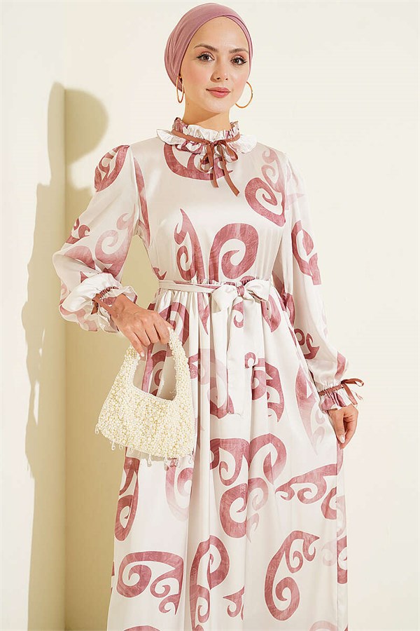 Rose Pink Dress with Ruffled Collar and Ribbon Detail