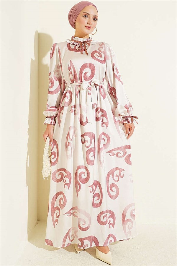 Rose Pink Dress with Ruffled Collar and Ribbon Detail