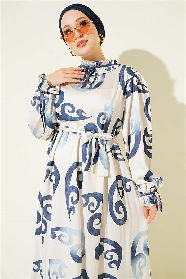 Navy Blue Dress with Ruffled Collar and Ribbon Detail