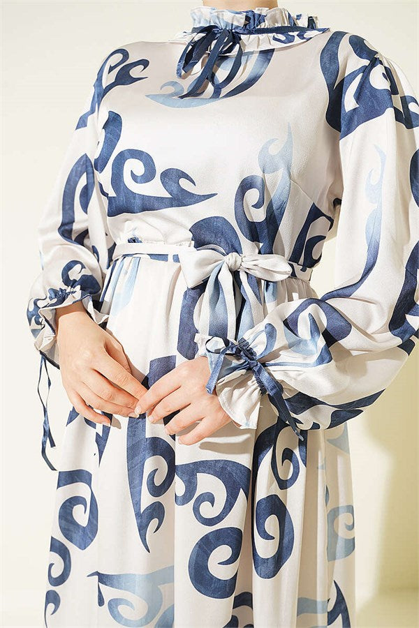 Navy Blue Dress with Ruffled Collar and Ribbon Detail