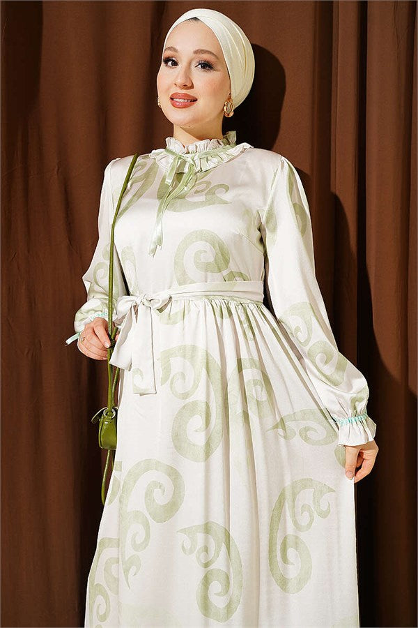 Sea Green Dress with Ruffled Collar and Ribbon Detail