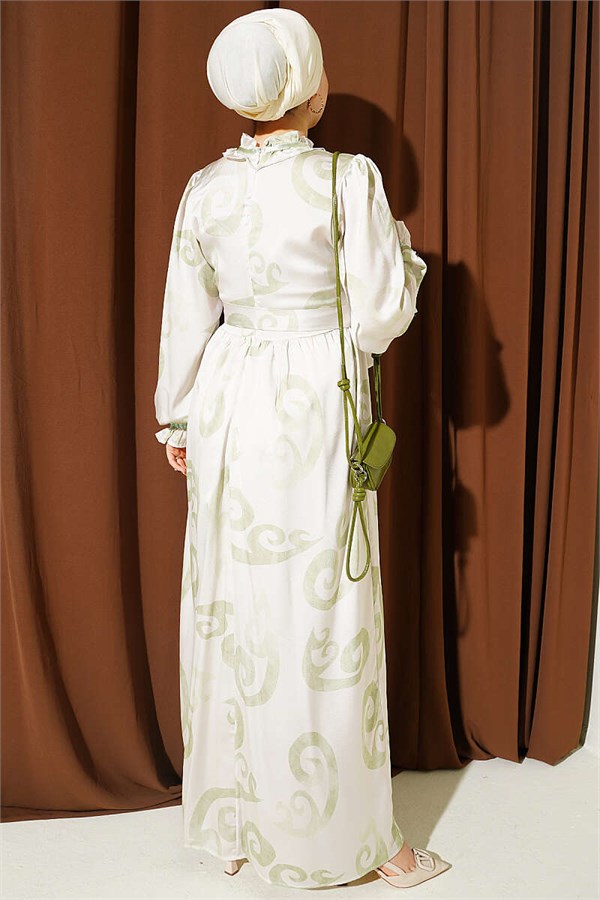 Sea Green Dress with Ruffled Collar and Ribbon Detail