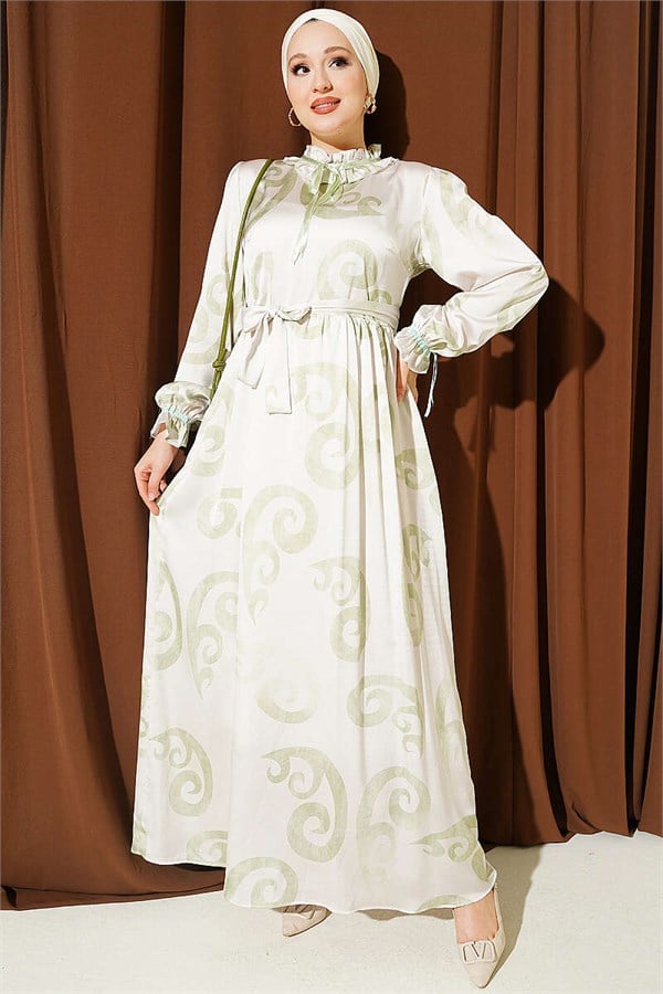 Sea Green Dress with Ruffled Collar and Ribbon Detail