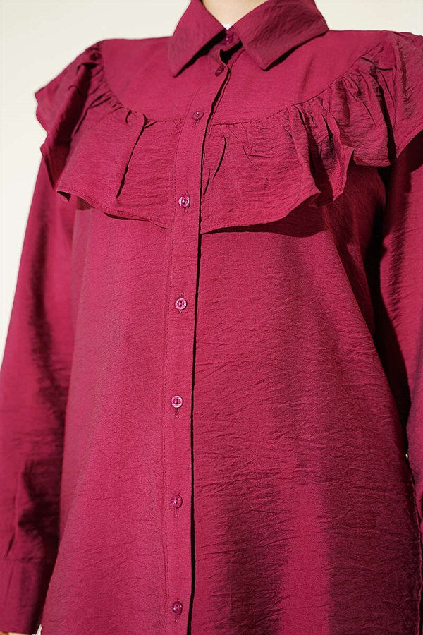 Burgundy Shirt with Ruffled Collar and Buttoned Cuffs