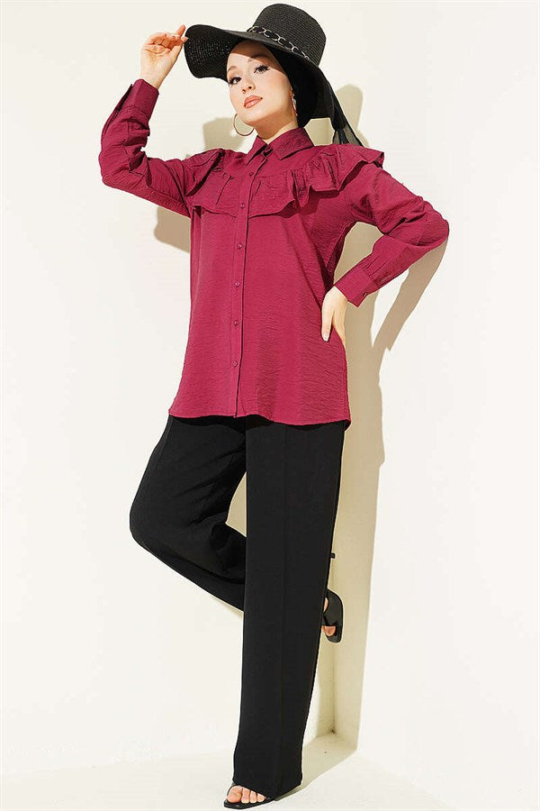 Burgundy Shirt with Ruffled Collar and Buttoned Cuffs